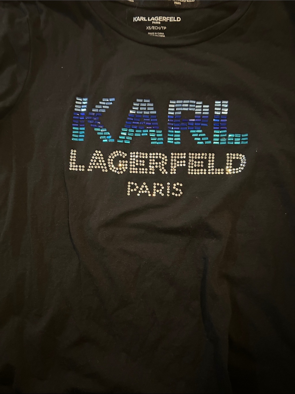 Karl Lagerfeld Black Tee with Blue-Green Ombre Logo and Silver Rhinestones
